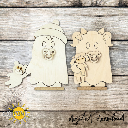Baby Boo Duo SVG – Cute Ghost Shelf Sitters with Teddy Bear and Rag Doll