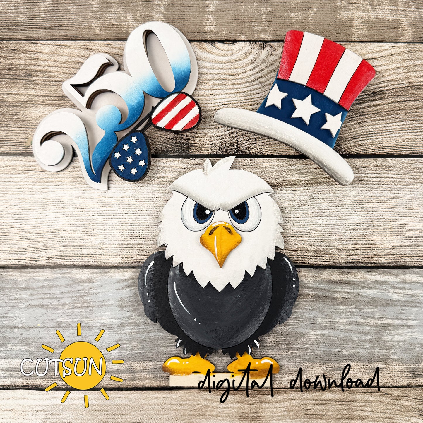 Bald Eagle Shelf Sitter SVG – Patriotic Decor Laser Cut File – Interchangeable Eagle with 3 Stands Digital Download