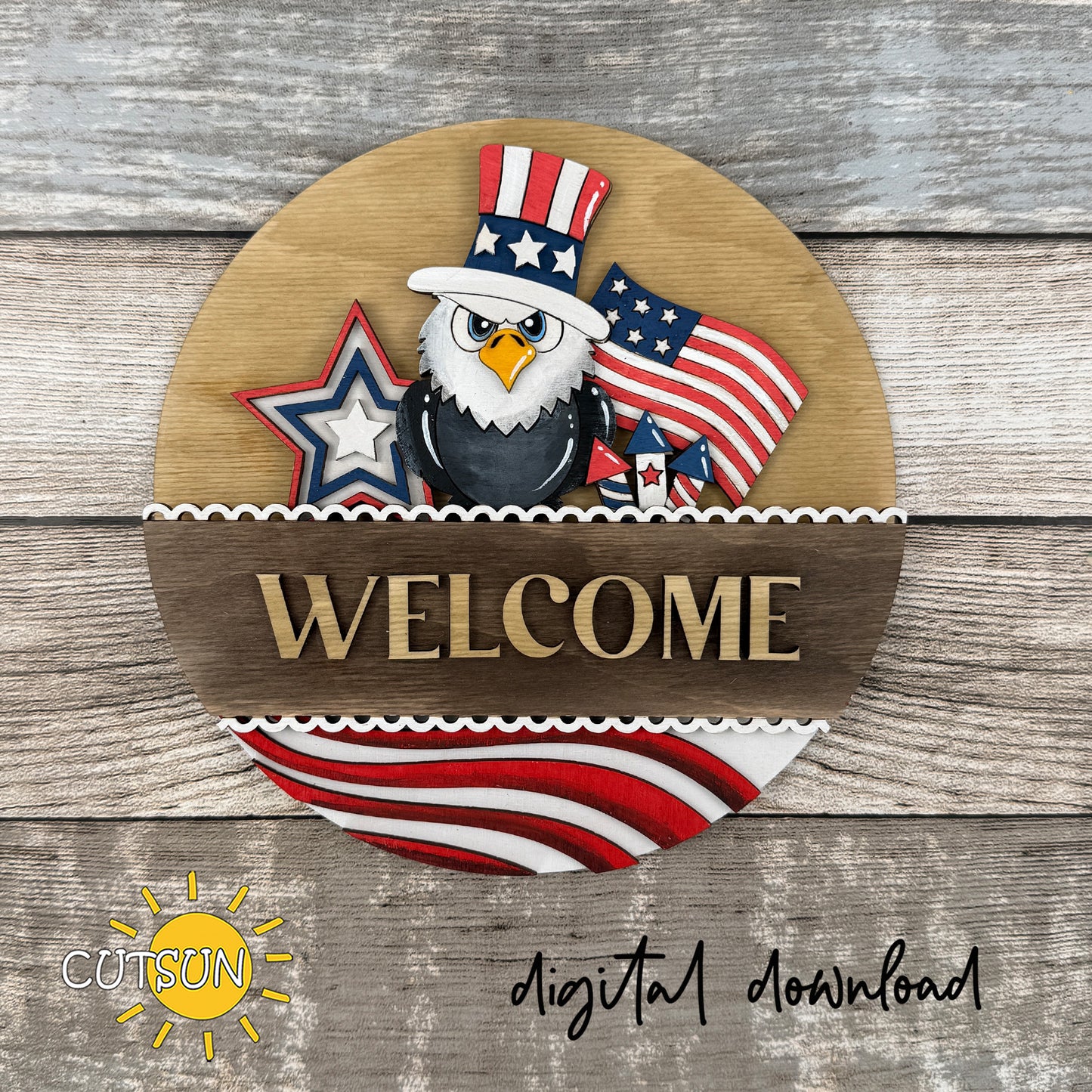 Patriotic Bald Eagle Add-On for Interchangeable Round Sign | 4th of July Laser Cut SVG | Americana Door Hanger File