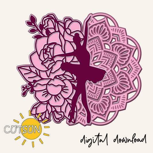 Silhouette of a ballerina within a pink floral and geometric design on a light pink background, with 'CUTSUN' logo and 'digital download' text.