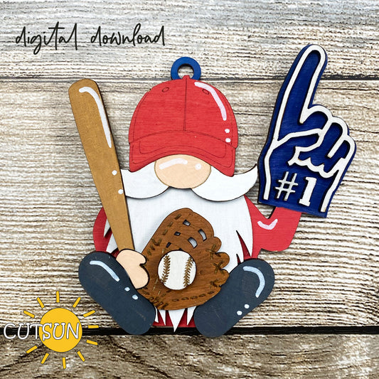 Baseball-themed gnome with a bat, glove, and foam finger on a wooden background