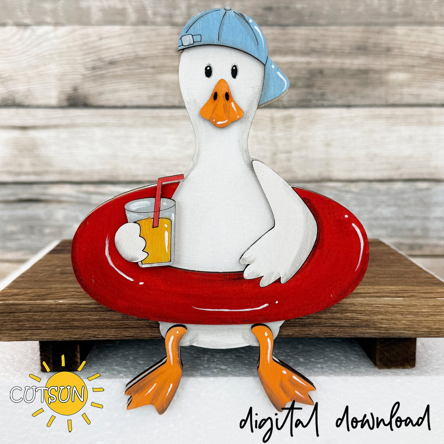 Goose Shelf Sitter SVG with Interchangeable Hats | Sitting Goose Laser Cut File | Summer Beach Decor, Layered Wood Goose