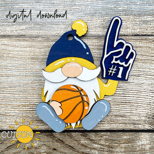 Gnome holding a basketball and a foam finger with the number 1 on a wooden background, digital download available.