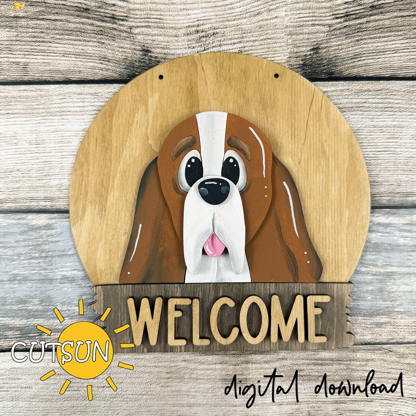 Round interchangeable basset hound dog door hanger SVG design with a basset face and welcome plaque, intended as a laser cut sign base file.