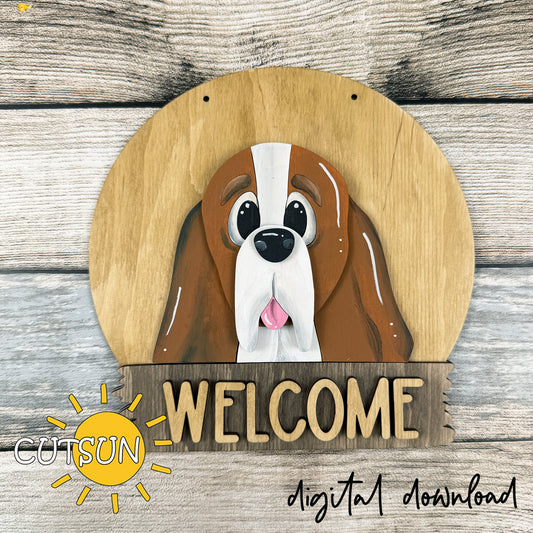 Round interchangeable basset hound dog door hanger SVG design with a basset face and welcome plaque, intended as a laser cut sign base file.