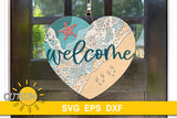 Heart shaped door hanger with waves, sea foam , starfish and footprints on the sand SVG digital download for use with laser cutters