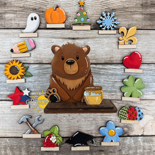 Bear Shelf Sitter SVG – Interchangeable Woodland Animal Laser Cut File – Shelf Decor Digital Download