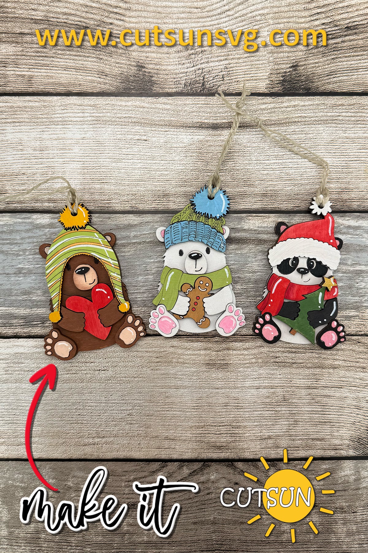 Christmas Bear Ornament SVG Bundle – Polar Bear, Panda & Brown Bear Laser Cut Files | Cute Holiday Ornaments