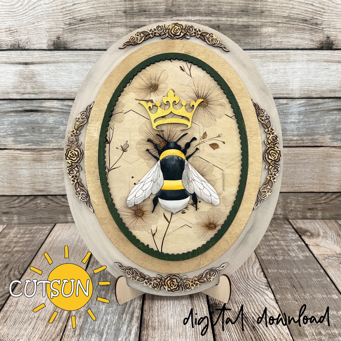 Bee Add-On SVG for Interchangeable Vintage Oval Frame, Layered Bumblebee Insert Laser Cut File (Digital Download)