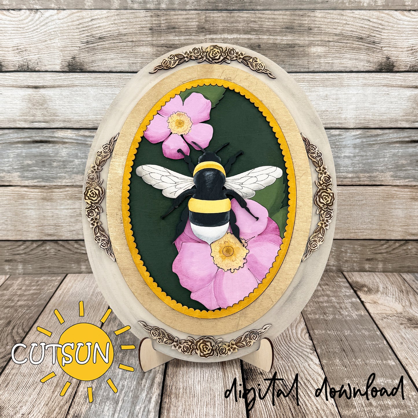 Bee Add-On SVG for Interchangeable Vintage Oval Frame, Layered Bumblebee Insert Laser Cut File (Digital Download)