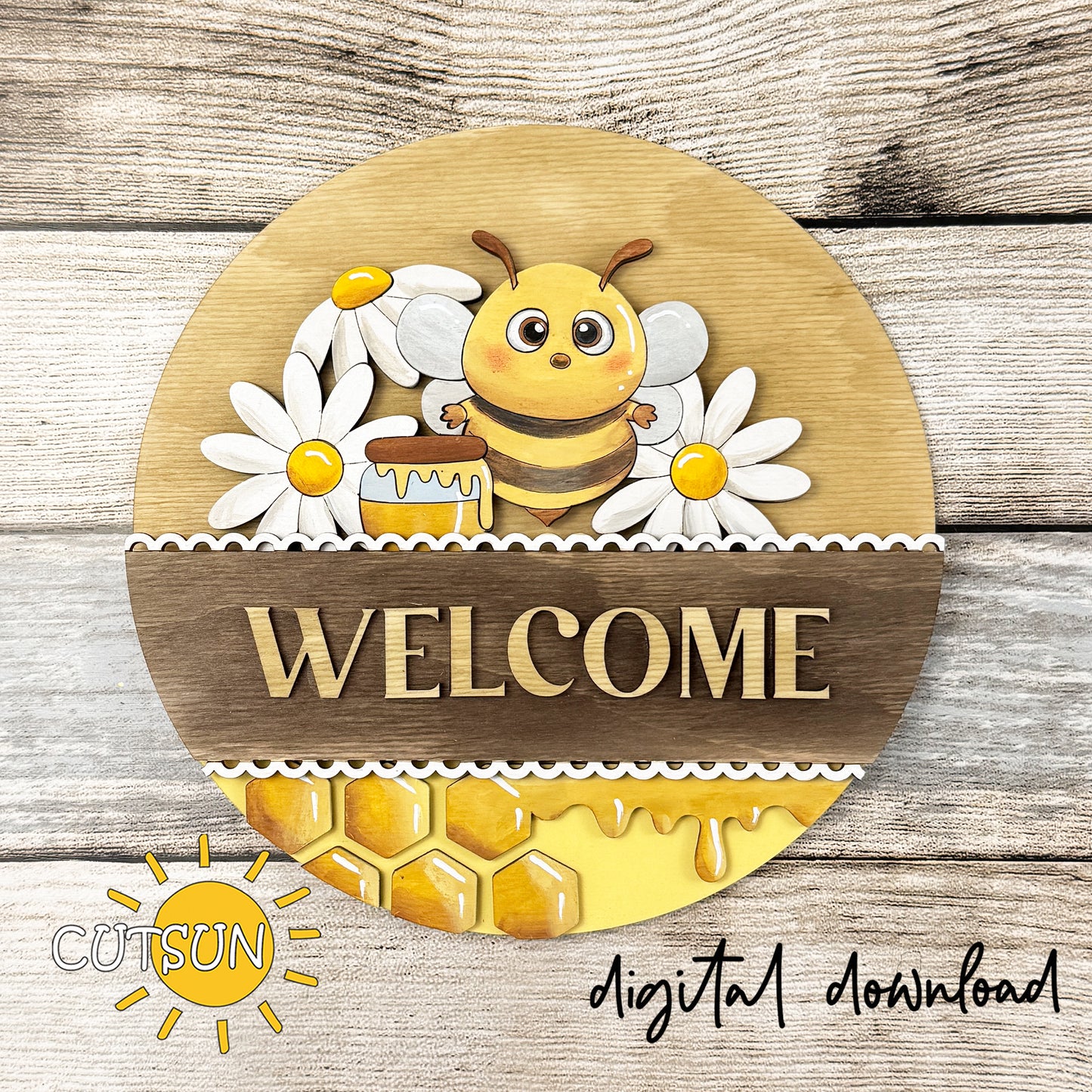 Bee Welcome Round Sign Add-On SVG for Interchangeable Decor | Honey Bee Daisy Laser Cut File