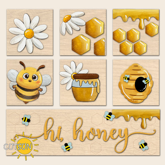 bee leaning signs with daisies honeycomb and hi honey text, tiered tray decor laser cut files, spring summer svg bundle