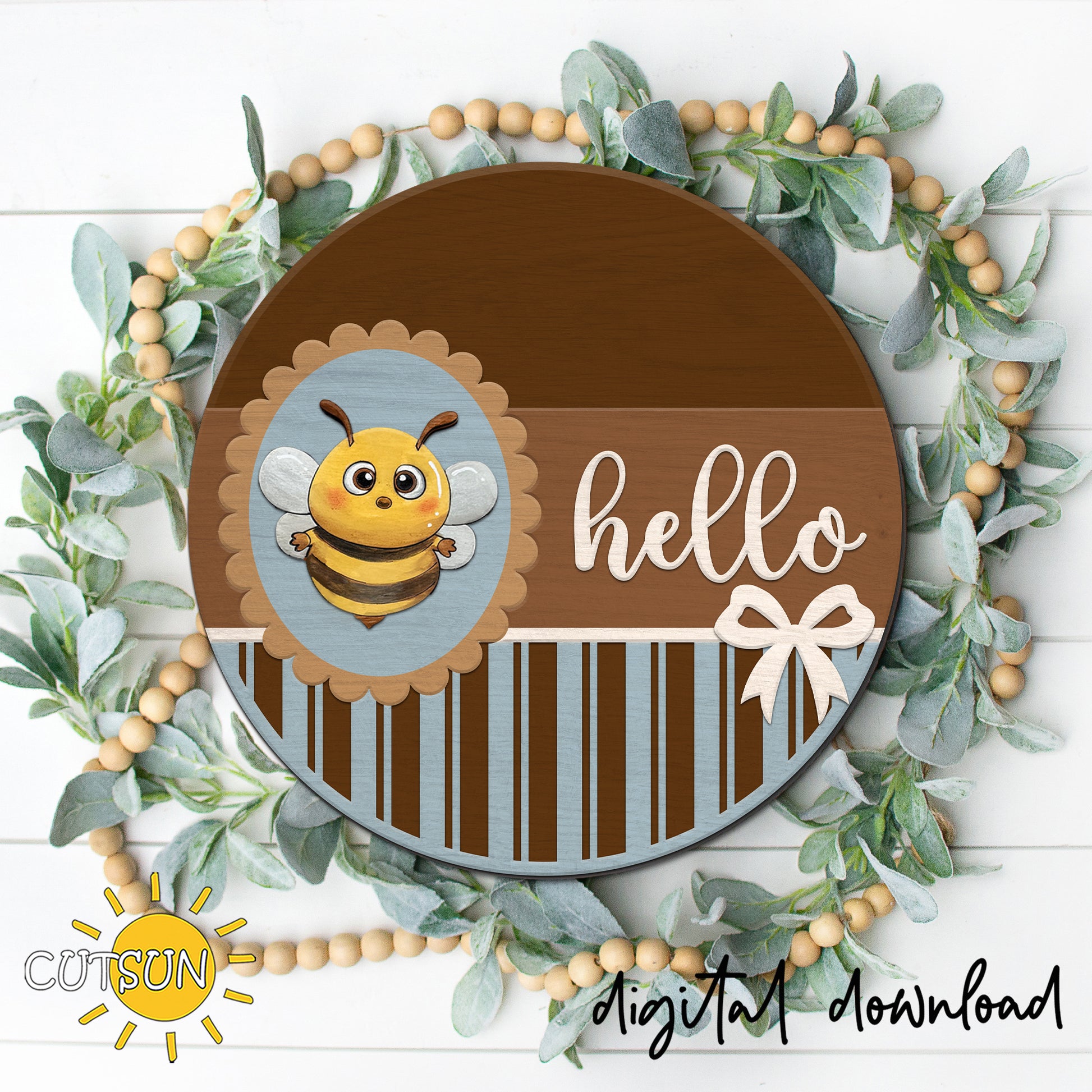 Layered honey bee door hanger SVG design with smiling bee, scalloped frame, hello script, and bow details for farmhouse spring front door decor.