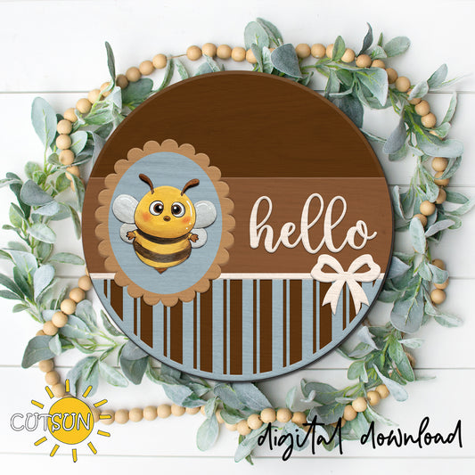 Layered honey bee door hanger SVG design with smiling bee, scalloped frame, hello script, and bow details for farmhouse spring front door decor.