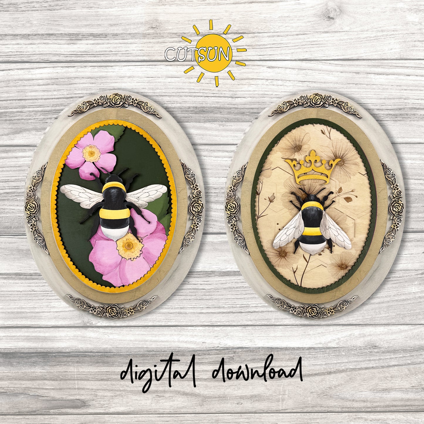 Bee Add-On SVG for Interchangeable Vintage Oval Frame, Layered Bumblebee Insert Laser Cut File (Digital Download)