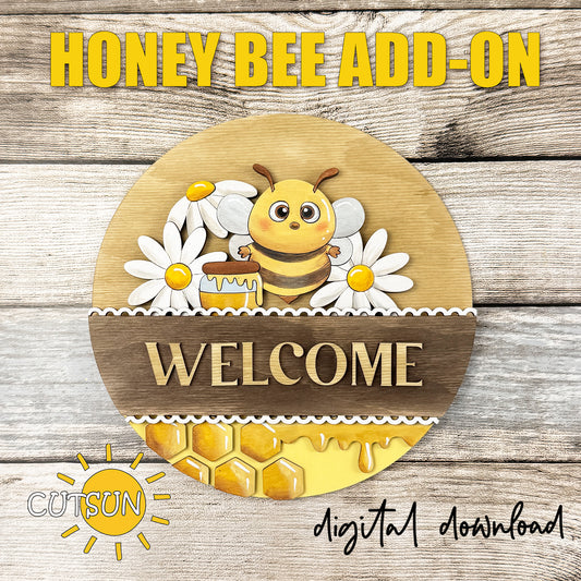 Bee welcome interchangeable round sign add-on with honeycomb, daisies and honey jar layered design