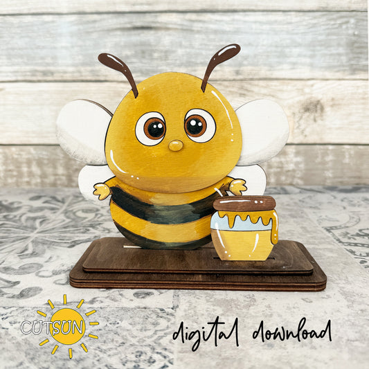 Layered wooden bee shelf sitter with honey jar add-on, designed as interchangeable laser cut decor with farmhouse style
