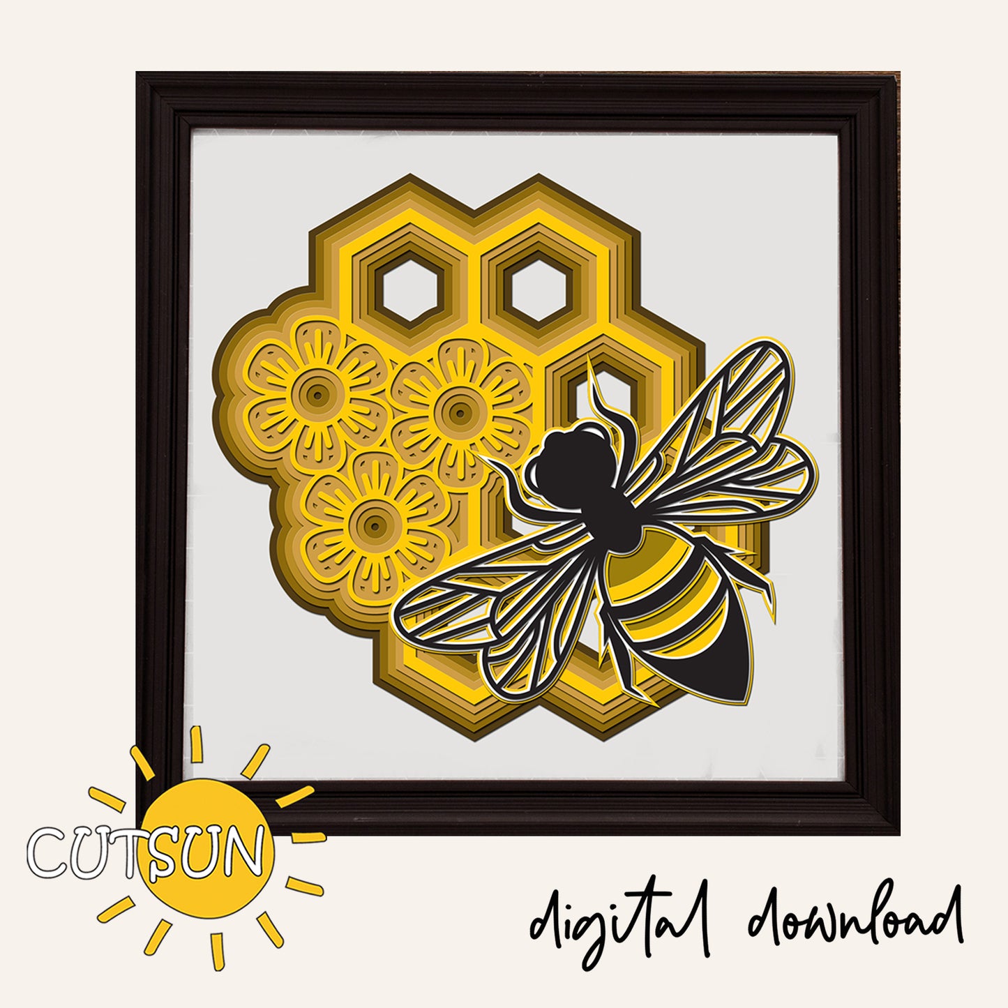 Framed artwork of a bee and honeycomb design with 'CUTSUN' logo and 'digital download' text.