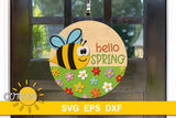 Adorable bee surrounded by colourful flowers and the words Hello spring SVG digital download