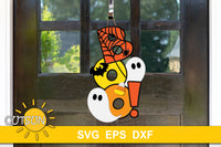 SVG digital download for a vertical door hanger featuring the word BOO, spiderweb, ghosts, bat and a candy corn