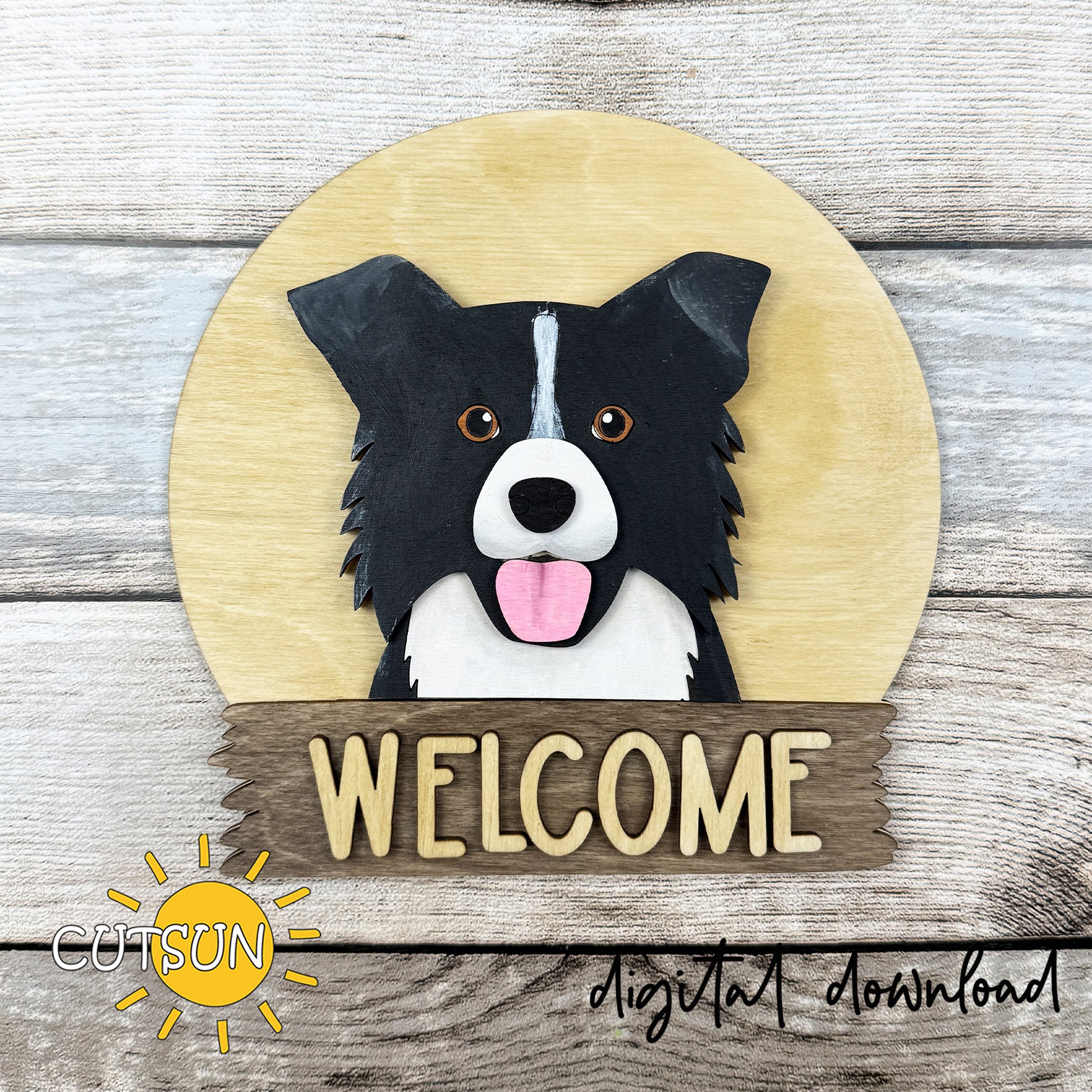 border collie interchangeable round door sign laser cut file welcome dog svg layered wood design
