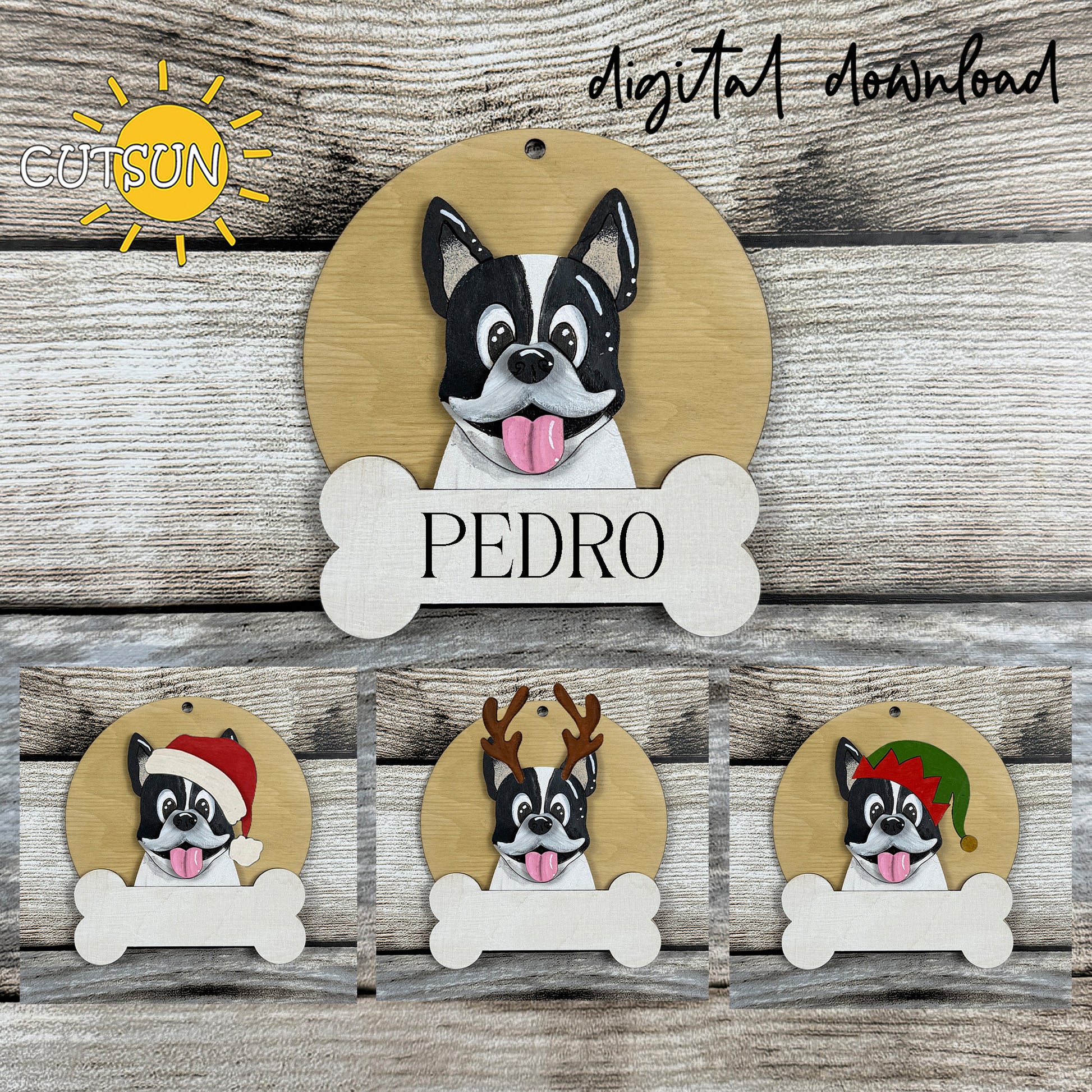 Decorative dog plaque with 'Pedro' on a wooden background, featuring digital download branding.