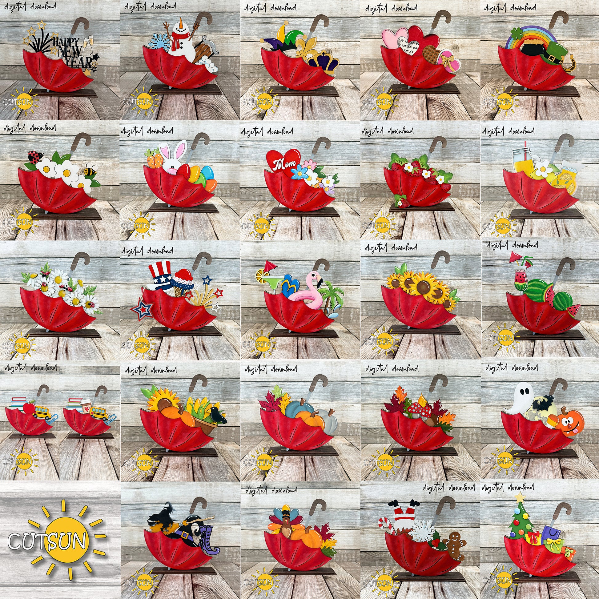 Interchangeable umbrella add-on bundle SVG with 25 seasonal designs for laser cutting