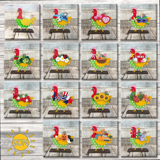 Laser-cut chicken shelf sitter with seasonal accessories including Christmas, Halloween, Easter, and more, layered and painted for DIY décor.