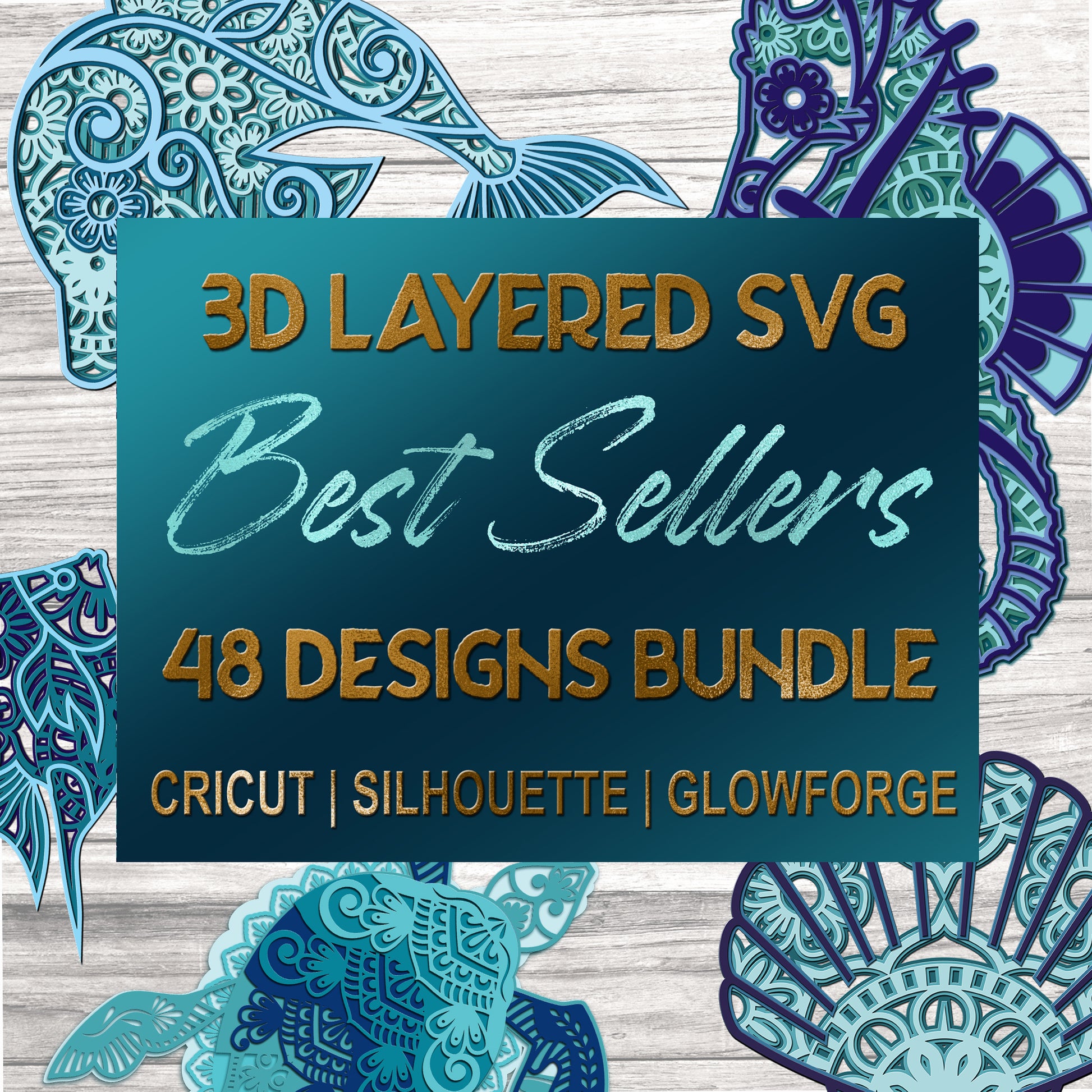 Promotional graphic for 3D Layered SVG Best Sellers bundle with decorative elements on a wooden background.