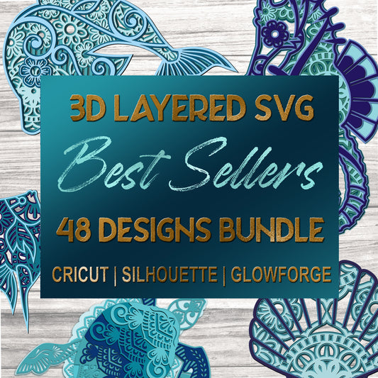Promotional graphic for 3D Layered SVG Best Sellers bundle with decorative elements on a wooden background.