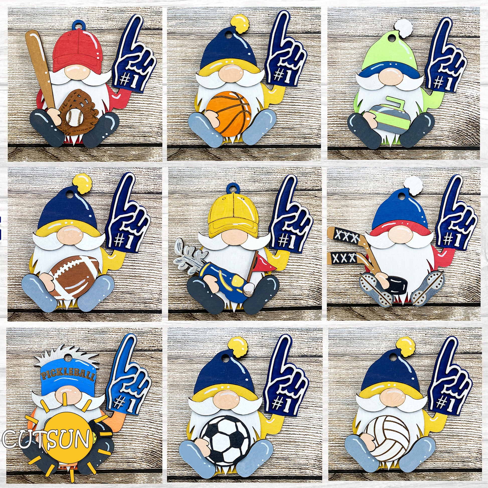 Set of sports-themed gnomes with accessories on a wooden background