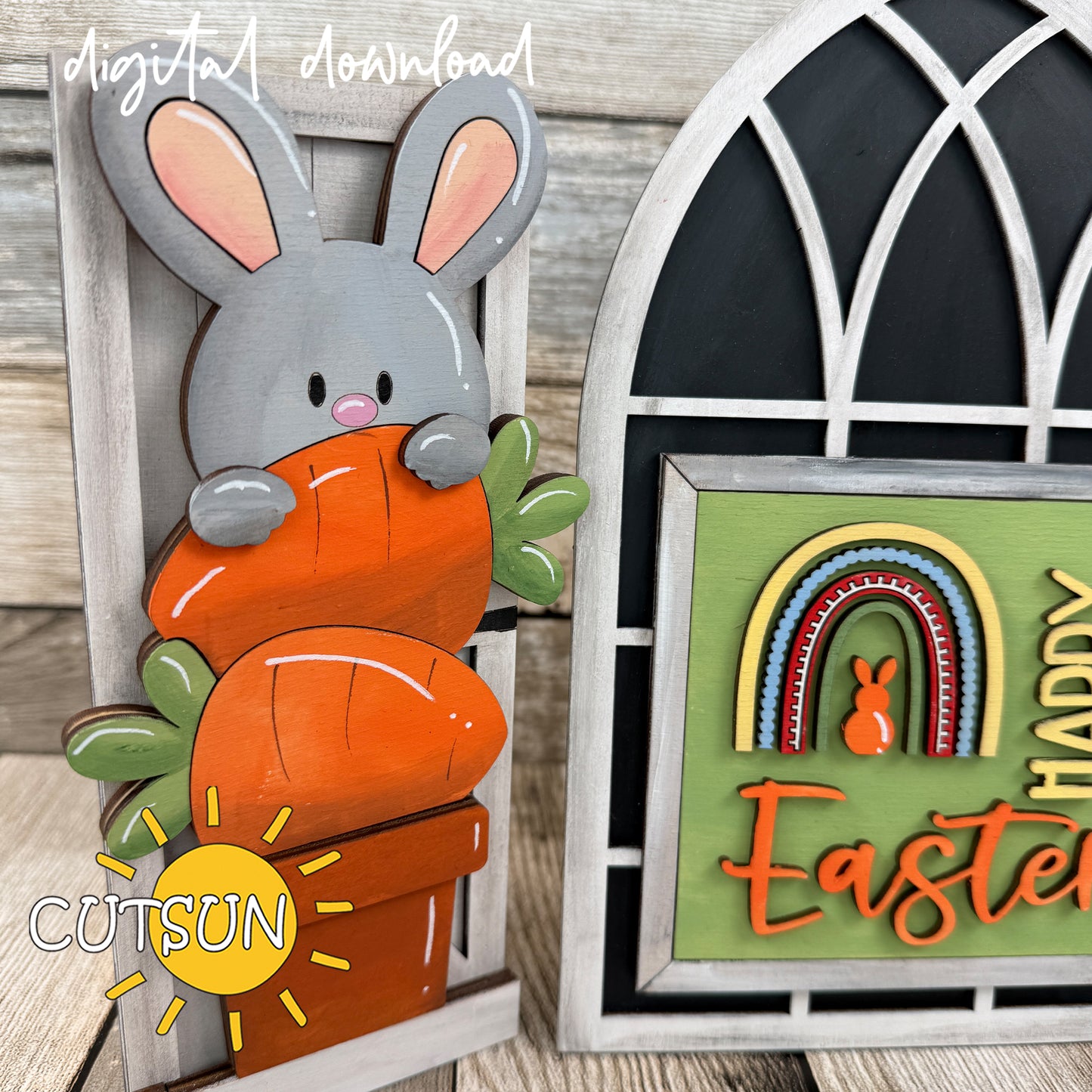 Easter Farmhouse Window Add-On SVG Bunny and Chick with Happy Easter Sign Laser Cut File Digital Download