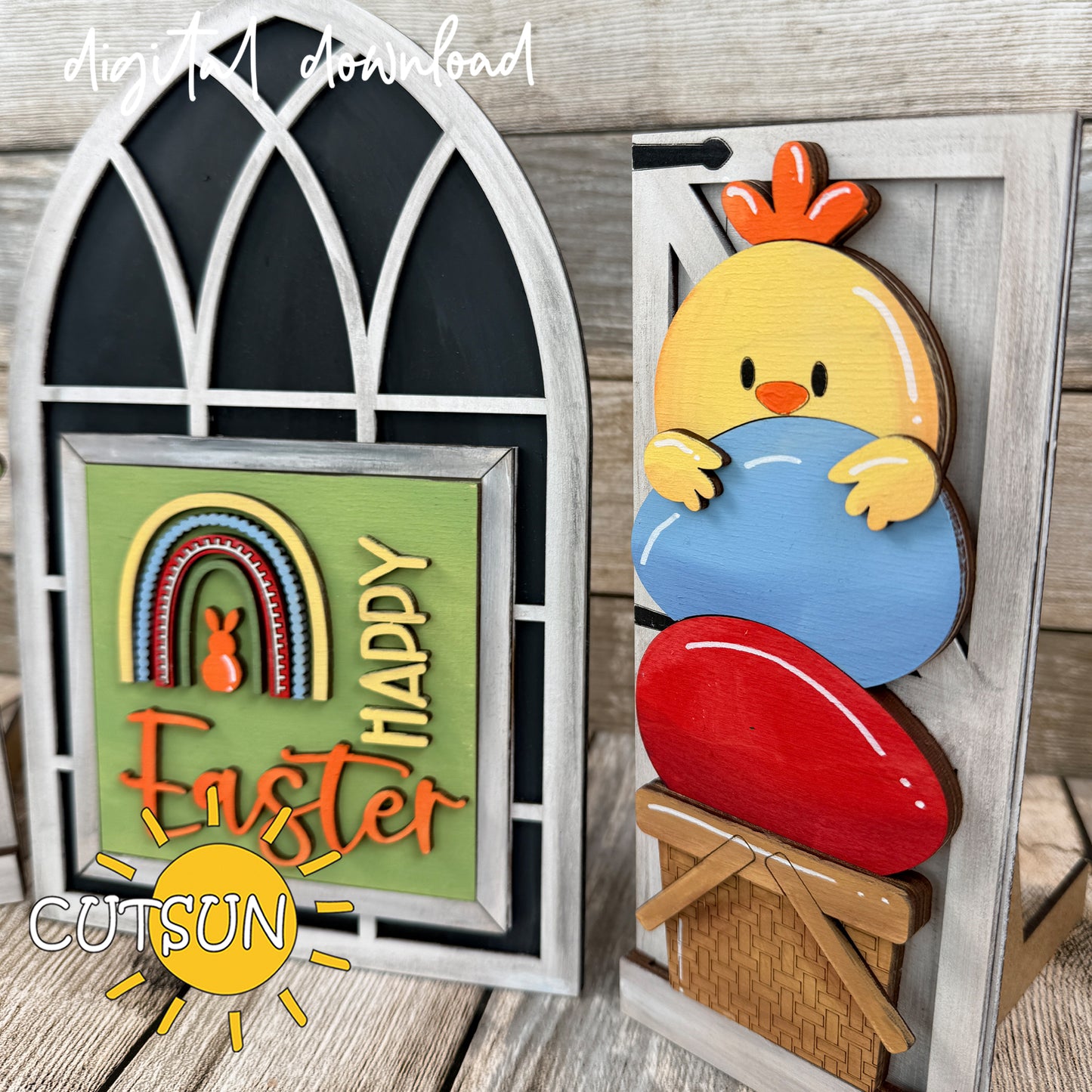 Easter Farmhouse Window Add-On SVG Bunny and Chick with Happy Easter Sign Laser Cut File Digital Download