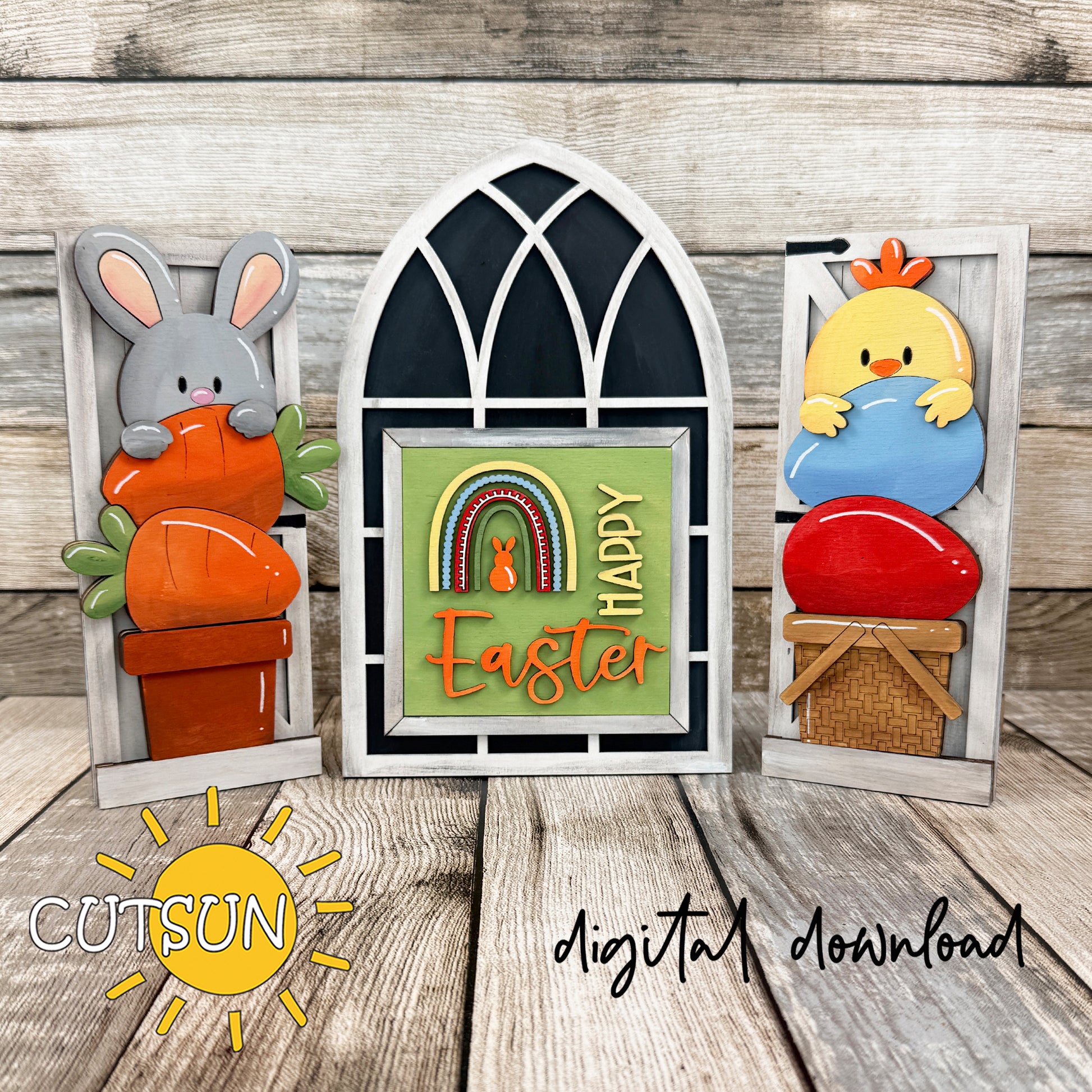 Three Easter-themed cutouts on a wooden surface with 'Cutsun' logo and 'digital download' text.