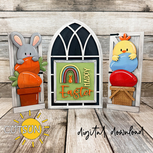 Three Easter-themed cutouts on a wooden surface with 'Cutsun' logo and 'digital download' text.