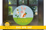Easter bunny holding a carrot and looking at a daisy and a bee with the words Hello Spring - SVG digital download for use with laser cutters and Cricut / Silhouette craft cutting machines
