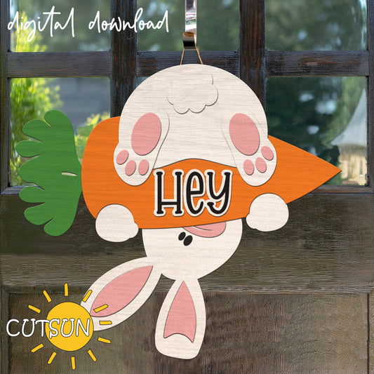 Decorative sign with a bunny and carrot-shaped board with 'Hey' text, hanging on a wooden door.