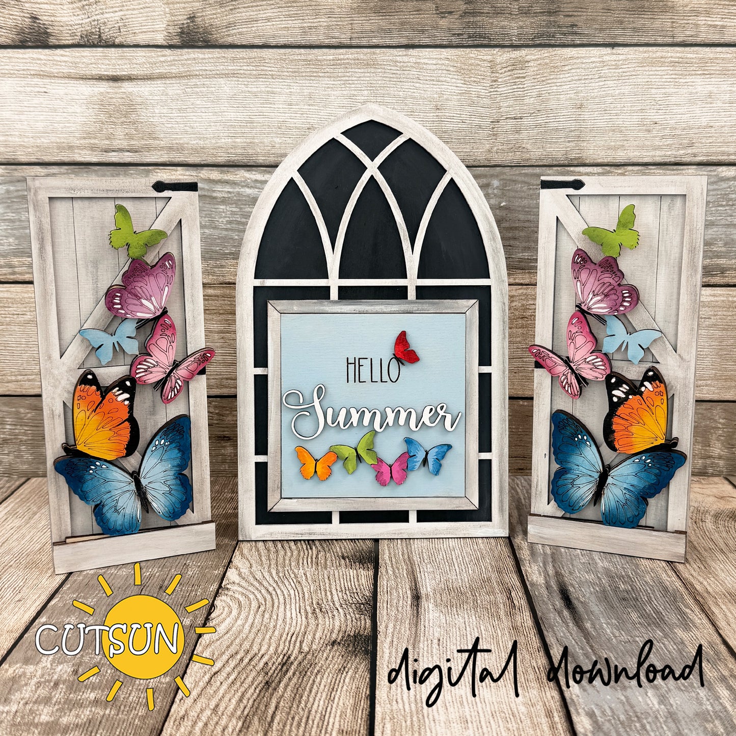 Butterflies add-on for interchangeable farmhouse window decor with colorful layered butterflies and Hello Summer plaque