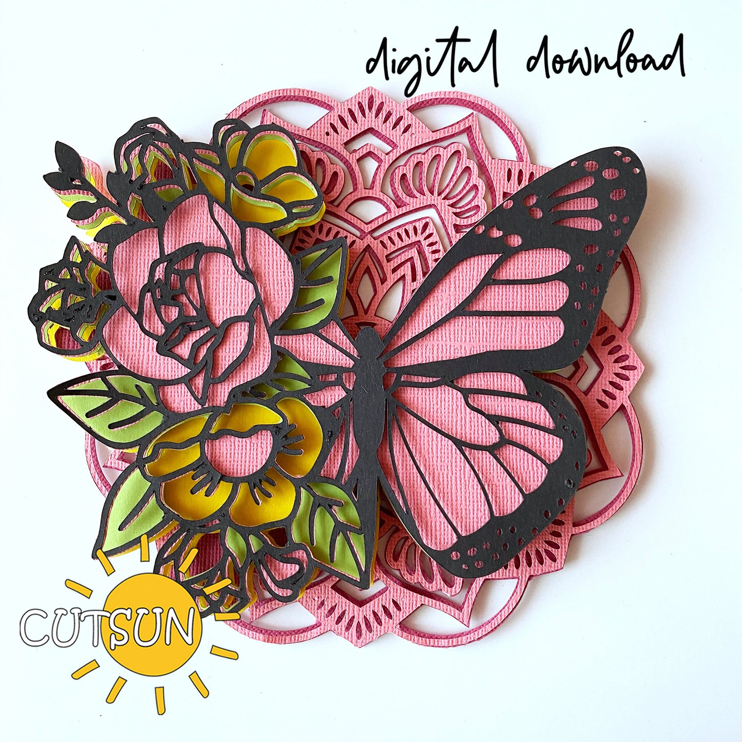 Decorative paper cutout with flowers and butterfly on a pink heart-shaped background, featuring 'CUTSUN' logo.