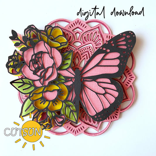 Decorative paper cutout with flowers and butterfly on a pink heart-shaped background, featuring 'CUTSUN' logo.