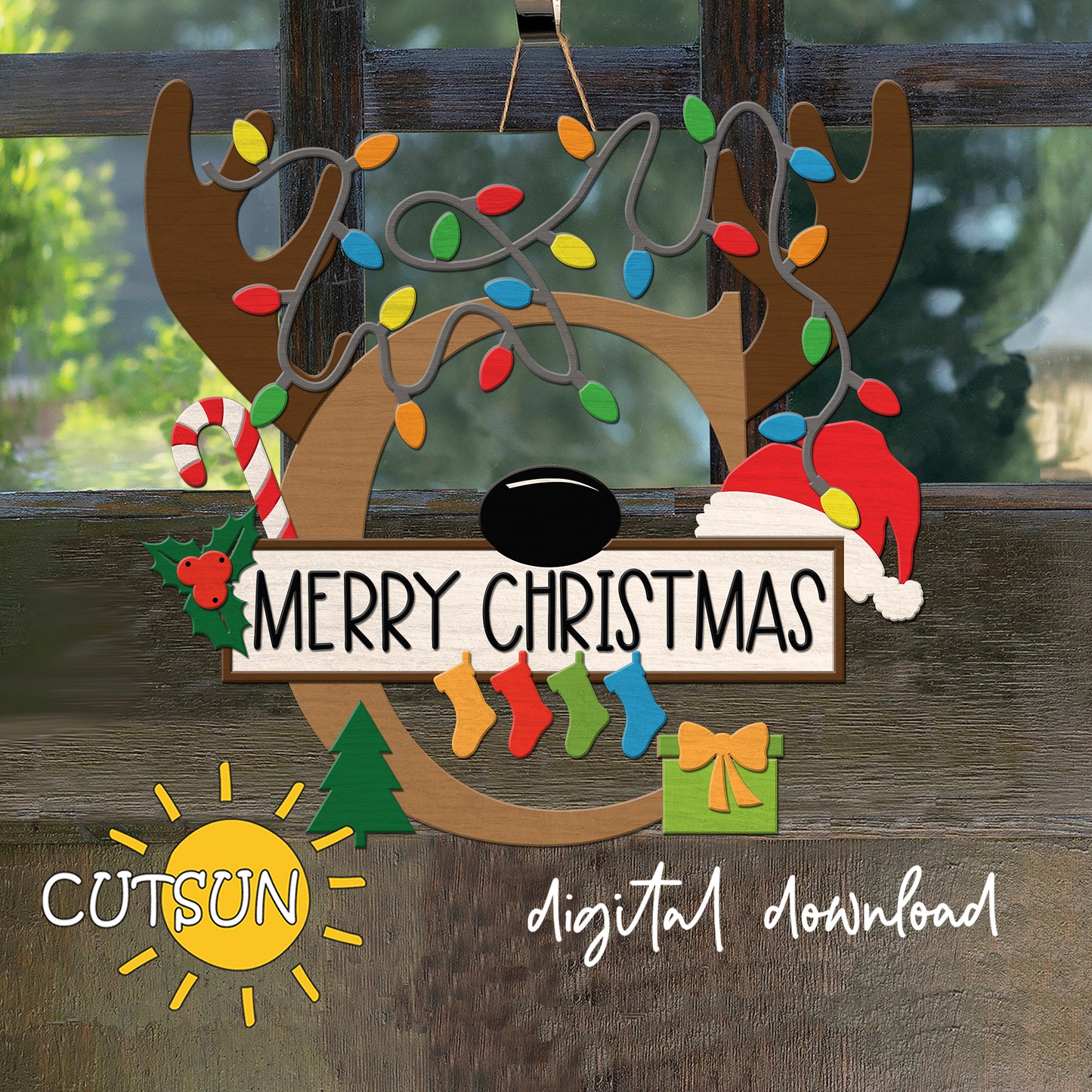 Laser cut Christmas door sign - monogram letter C with antlers, Christmas lights, candy cane, holly berry, a Christmas tree, a present, Santa hat and four stockings.
