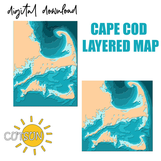 Cape Cod layered map digital download with CutSun logo.