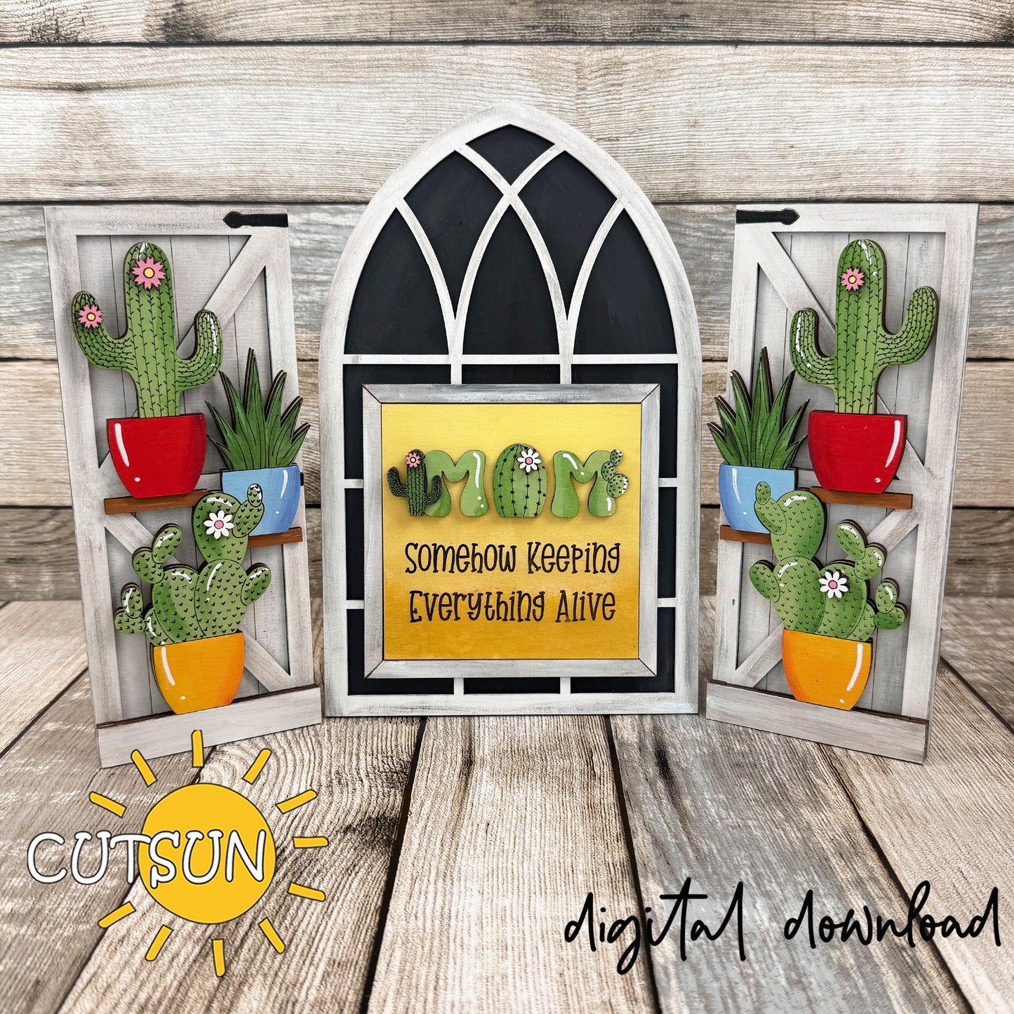 Interchangeable Farmhouse Window cactus add-on SVG with layered potted cacti on shutters and MOM quote square insert, digital download laser cut file.