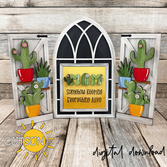 Interchangeable Farmhouse Window cactus add-on SVG with layered potted cacti on shutters and MOM quote square insert, digital download laser cut file.