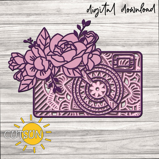 Digital download of a pink camera with floral design on a wooden background