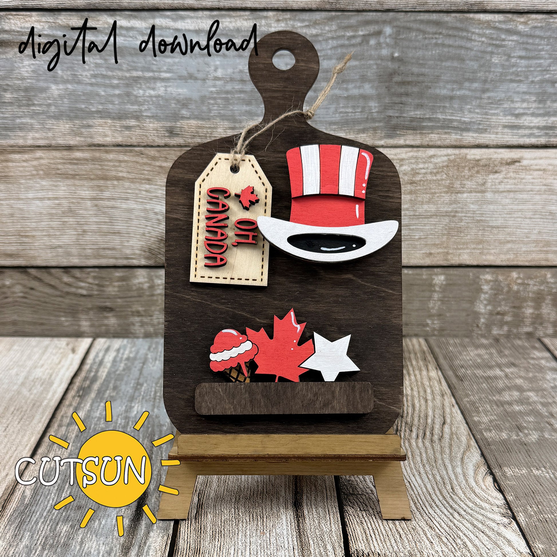 Interchangeable Canada cutting board decor SVG with Oh Canada tag, maple leaf, stars, and patriotic hat, layered laser cut file.