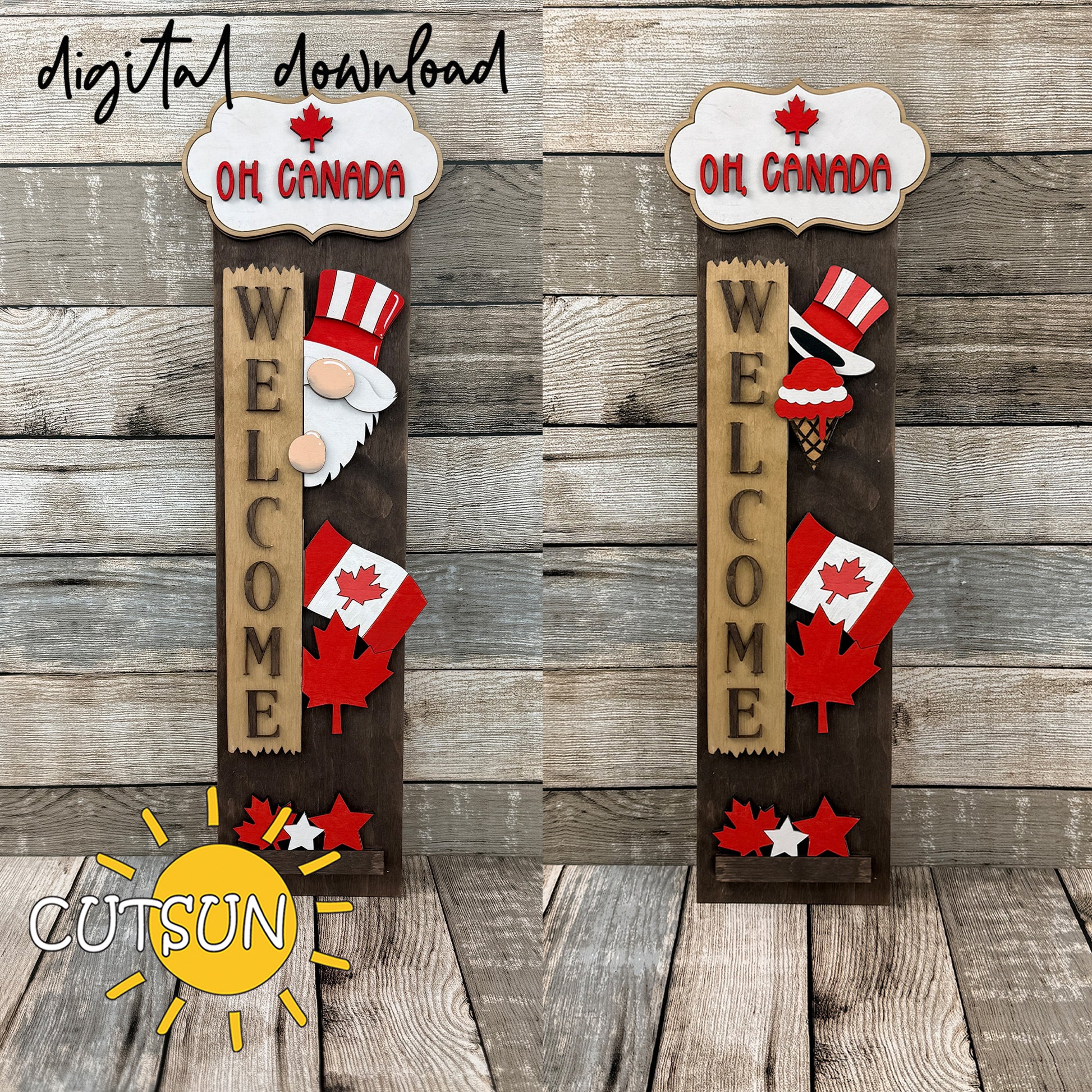 Canada-themed interchangeable add-on for vertical porch leaner featuring Oh Canada top plaque and patriotic elements
