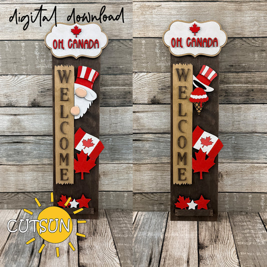 Canada-themed interchangeable add-on for vertical porch leaner featuring Oh Canada top plaque and patriotic elements