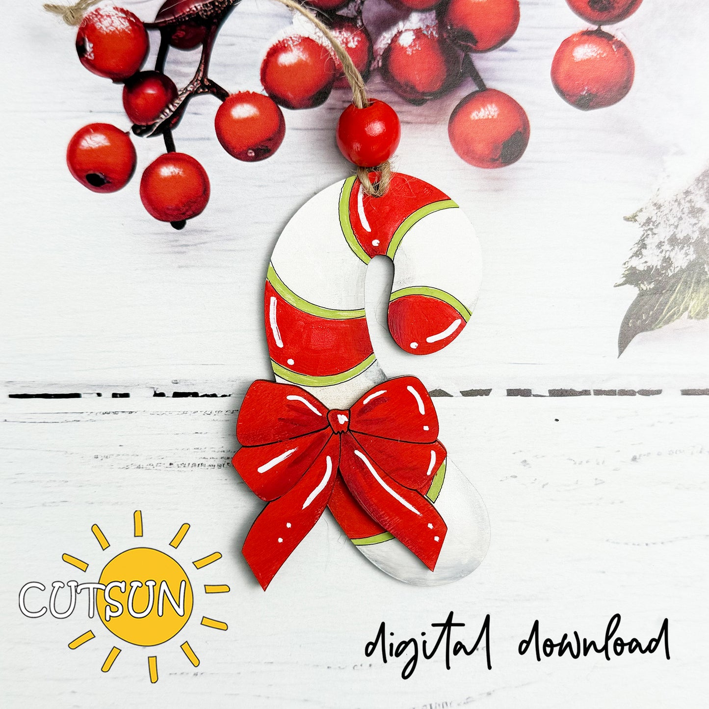 Candy Cane Ornament SVG with Big Bow | Layered Christmas Laser Cut File