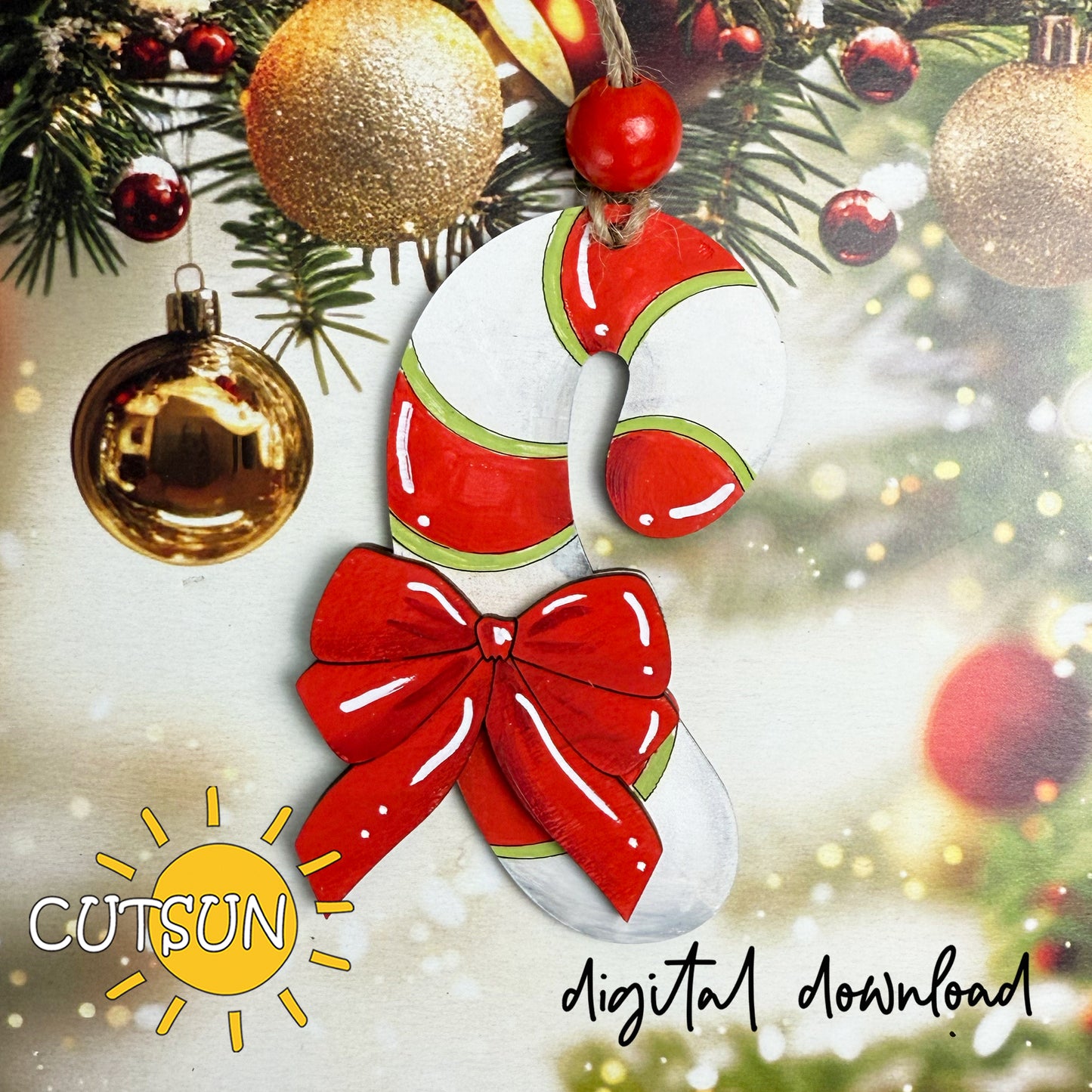 Candy Cane Ornament SVG with Big Bow | Layered Christmas Laser Cut File